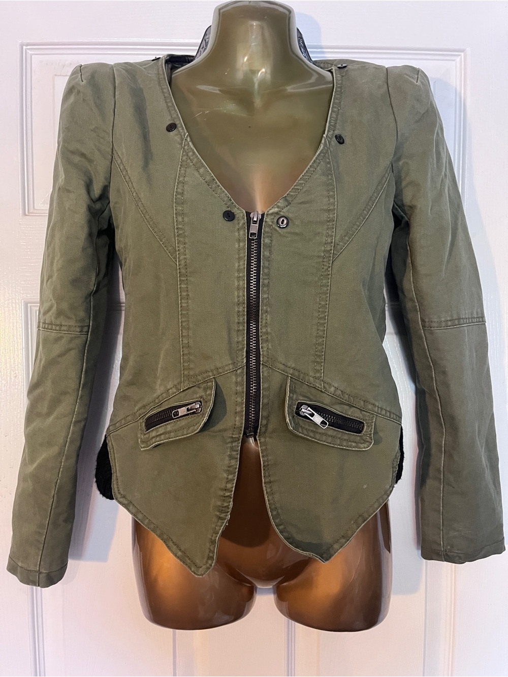 VIRUS Olive Army Green Moto Utility Jacket Asymmetric Hem Zip Front [S]